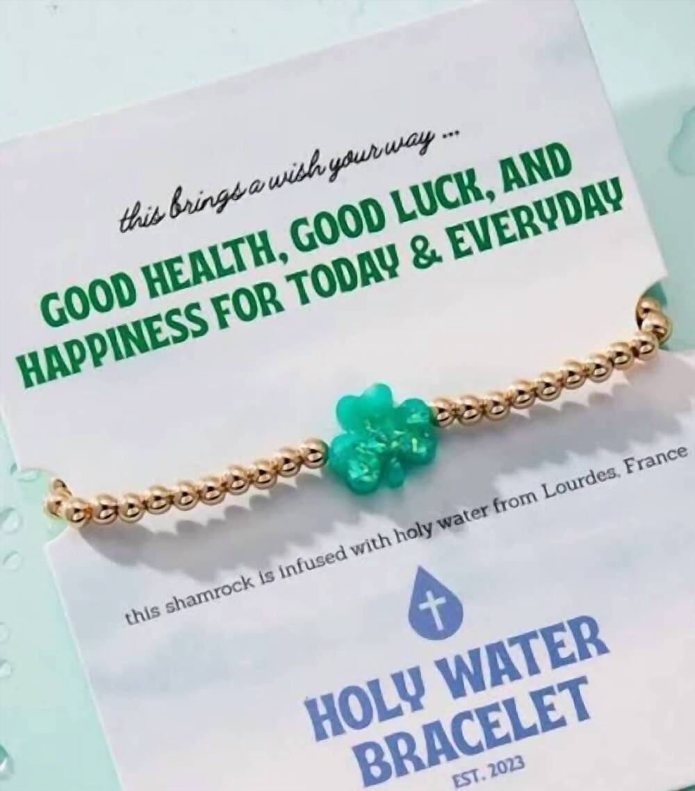 NEW HOLY WATER BRACELET shamrock stretch bracelet in gold